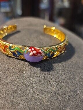 Gold-Tone Purple Jade Stone Cloisonné Bangle Bracelet